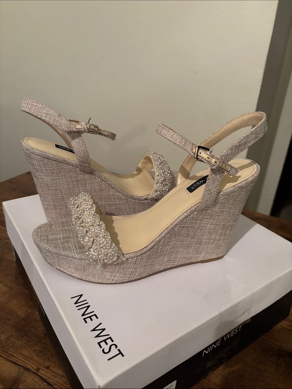 Nine West Champagne Beaded Wedge Sandals